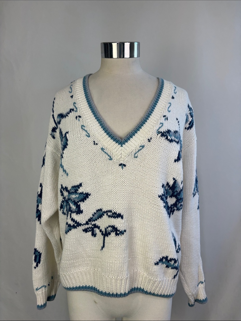 WOOLRICH WHITE BLUE FLORAL PRINT COTTON BLEND SWEATER